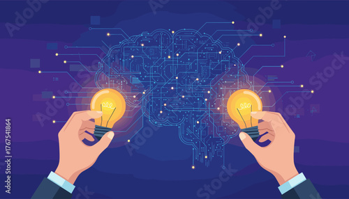 Two hands holding glowing light bulbs against a backdrop of a digital brain network, symbolizing innovation, creativity, artificial intelligence, and the power of ideas in technology and business.