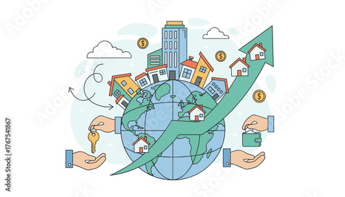 Global real estate business concept illustration with houses circling the Earth, a rising green arrow indicating growth, hands exchanging keys and wallets, and currency symbols, symbolizing
