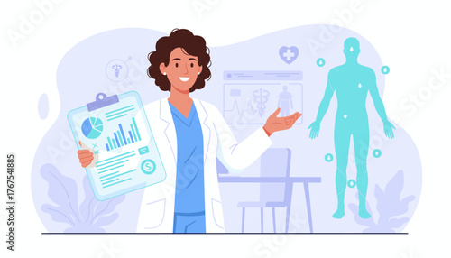 A smiling female doctor in a white lab coat holds a clipboard with charts and graphs, presenting medical data and insights, with a digital human silhouette and health icons in the background