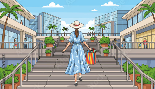 Rear view of a woman in a blue patterned dress and wide-brimmed hat, holding a colorful shopping bag filled with gifts, ascending a grand staircase towards a modern shopping mall with palm trees and