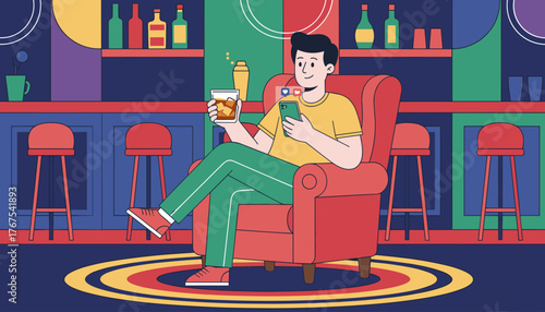 Vibrant flat illustration of a man relaxing in a plush armchair at a stylish bar, holding a glass of bourbon whiskey and a smartphone, engaging with social media notifications, surrounded by colorful