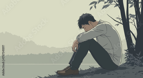 A lone young man sits by a body of water, head bowed in contemplation under the shade of trees.