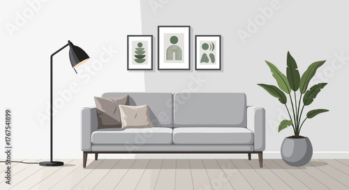 Interior composition with minimal furniture lamp paintings and botanical elements create a