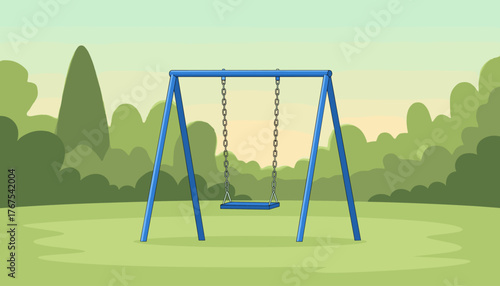 A solitary blue swing set stands empty in a serene park, its vibrant blue frame contrasting with the soft, blurred green foliage and pale sky, evoking a sense of peaceful solitude and childhood
