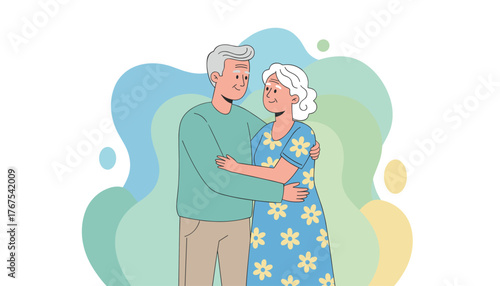 A tender illustration of a loving senior couple embracing and looking at each other with affection, set against a soft, abstract background of flowing pastel shapes in blue, green, and yellow