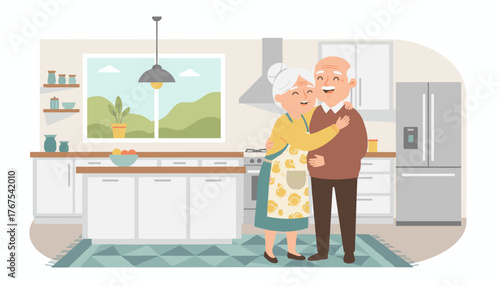Charming illustration of a happy elderly couple embracing warmly and smiling in a cozy, sunlit kitchen, symbolizing love, companionship, and domestic bliss in their golden years.