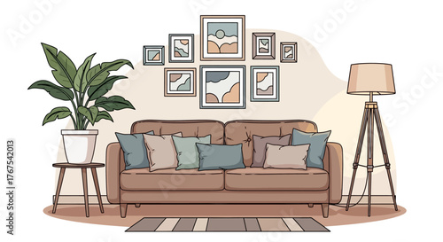Comfortable living room illustration with soft colors, plants, wall art and cozy furniture in a