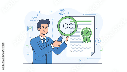 A professional businessman in a blue suit meticulously examines a document with a magnifying glass, focusing on the 'QC' (Quality Control) label and a green certification seal, symbolizing approval