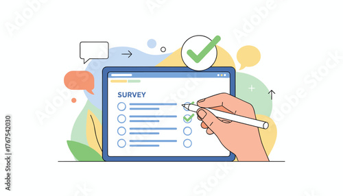 Modern flat illustration of a hand filling out an online survey form on a tablet, checking off items on a digital questionnaire with a stylus, representing feedback and data collection in business