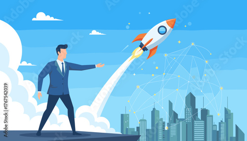 Vibrant startup business concept illustration featuring a businessman in a suit launching a rocket into a clear blue sky above a modern cityscape, symbolizing growth, innovation, and global