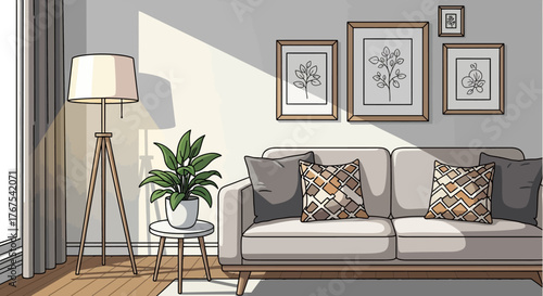 Cozy living room interior with comfortable sofa, plant, floor lamp and decorative framed artwork