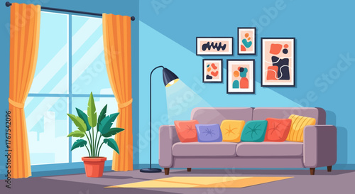 Cozy living room illustration with a vibrant plant, modern decor, and inviting atmosphere created