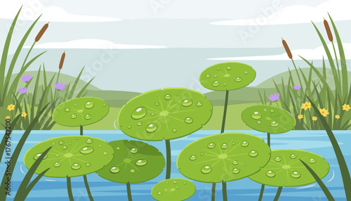 Vibrant illustration of lush green water pennywort leaves adorned with sparkling dew drops, glistening after a refreshing rainfall, set against a serene backdrop of reeds, delicate purple and yellow