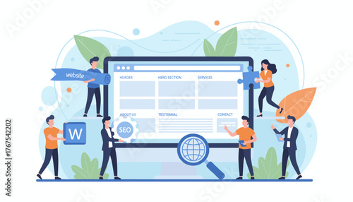 Team of professionals collaborating on website development, building a homepage layout with SEO optimization and a global search icon, symbolizing digital marketing strategy and online business