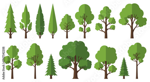 Diverse flat tree set representing variety of shapes and green tones in nature landscape design