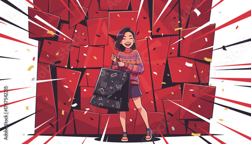 Joyful young woman with a shopping bag, celebrating Black Friday amidst a vibrant explosion of red geometric shapes and confetti, symbolizing consumer excitement and successful retail therapy.