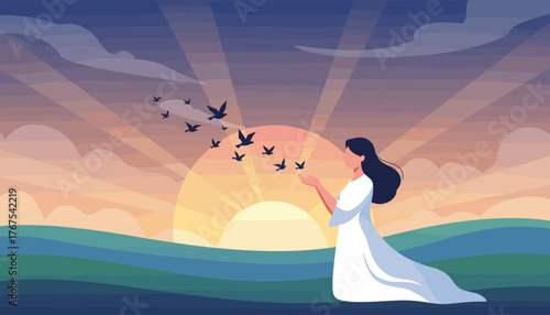 A woman in a flowing white dress stands with her hands outstretched, releasing a flock of birds into the vibrant sky during a breathtaking sunset over a serene landscape, symbolizing freedom, hope