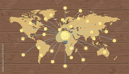 Global network of ideas represented by glowing light bulbs connected across a world map illustration on a rustic wooden background, symbolizing innovation and communication worldwide.