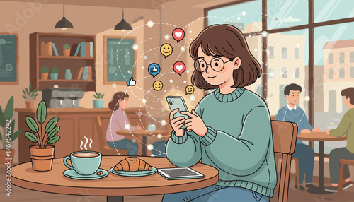 Young woman with glasses engrossed in her smartphone, surrounded by social media icons like hearts and thumbs-up, while sitting in a cozy cafe with coffee and a croissant, illustrating digital