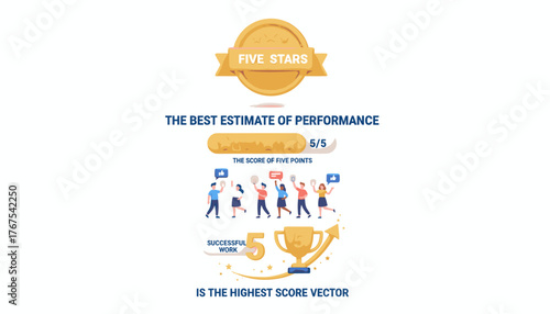 3D illustration of a five-star rating system, representing the best estimate of performance and successful work, with a trophy and upward arrow symbolizing achievement and high scores, perfect for