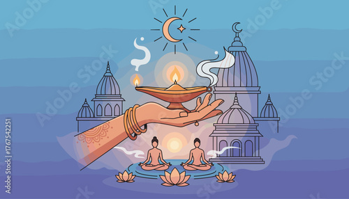 Vivid illustration of a woman's hand adorned with bangles and henna, holding a traditional oil lamp with a flame and smoke, symbolizing spirituality and peace, set against a backdrop of serene yoga