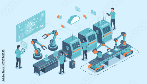 Isometric illustration of a futuristic automated production line featuring robotic arms, conveyor belts, and human workers interacting with advanced technology and digital interfaces, representing