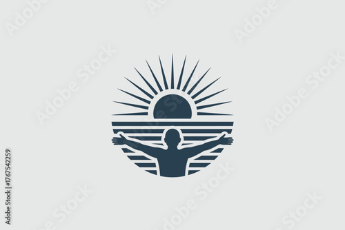 A stylized logo depicting a person with outstretched arms below a sun and horizontal lines design