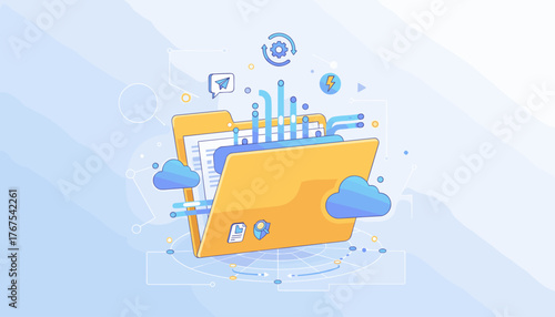 Vibrant yellow document storage folder illustration with digital data streams, clouds, and network connections, symbolizing cloud computing, data management, and information technology in a modern