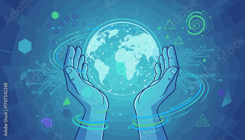 Abstract illustration of two hands cradling a glowing digital globe, representing global network connection, technology, and scientific advancement, set against a futuristic blue background with