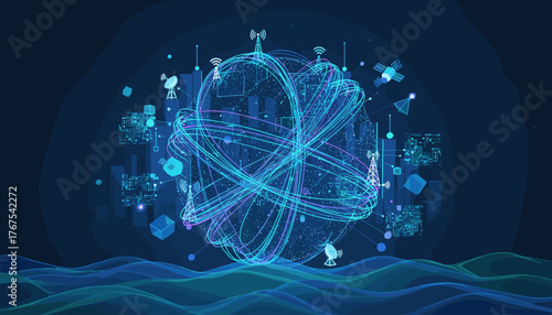 Abstract visualization of a global telecommunication network connecting cities and satellites with intricate digital lines, representing data flow and advanced technology, set against a dark blue