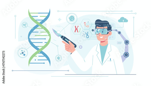 Futuristic scientist in VR headset using scalpel to manipulate a DNA double helix, surrounded by holographic genetic symbols and data visualizations, representing advancements in biotechnology and