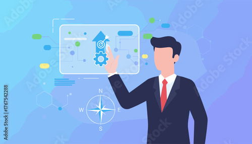 Abstract concept of business strategy and action plan with a man in a suit interacting with a digital interface showing growth, gears, and a target, symbolizing progress and goal achievement in a