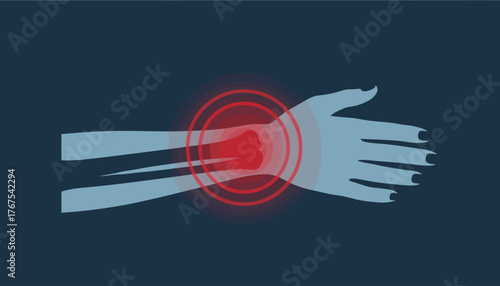Illustration of a woman's wrist experiencing acute pain, highlighted with a vibrant red glow and concentric circles indicating discomfort, set against a dark blue background, symbolizing medical