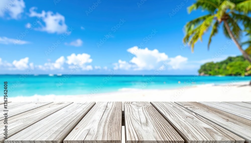 Fototapeta premium Relaxing beach day with tropical vibes sandy shoreline photo bright blue sky scenic viewpoint summer escape