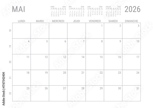 Calendrier Mai 2026 Mensuel Planificateur avec Numero de Semaine à imprimer A4	