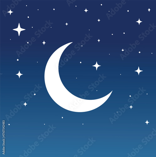 A celestial crescent moon shines brightly in a starry night sky with a gradient of deep blue to lighter shades