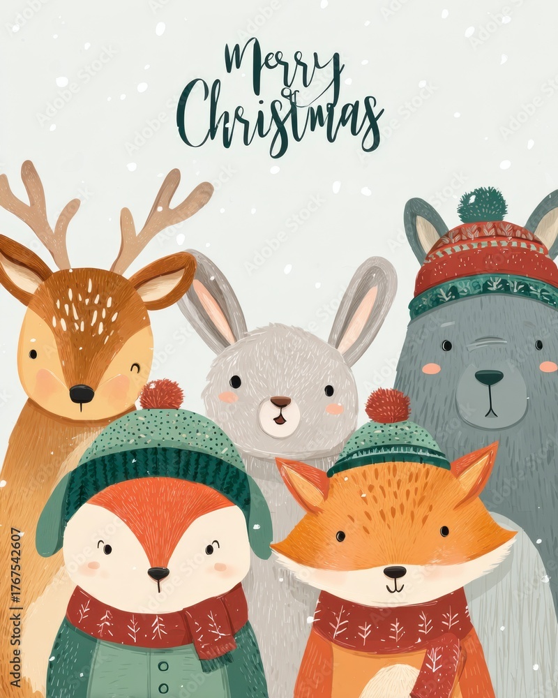 Fototapeta premium Cute woodland animals celebrating Christmas in festive attire