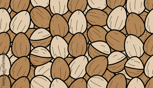 Seamless pattern of almonds in a modern flat vector style, featuring a close-up view of the nuts with simple line art details, creating a warm and inviting background for food-related designs