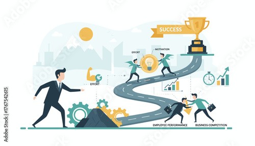 Illustrative concept of career path development, showcasing the journey towards success with elements of effort, motivation, employee performance, and business competition, culminating in a trophy