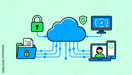 Cloud security concept illustration with a central blue cloud connected to various icons representing data encryption, firewall protection, secure storage, and user access via computer and mobile