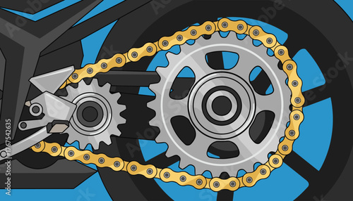 Close-up illustration of a shiny gold motorcycle chain engaging with a silver sprocket and a smaller gear, set against a vibrant blue background with hints of the motorcycle's black frame, showcasing