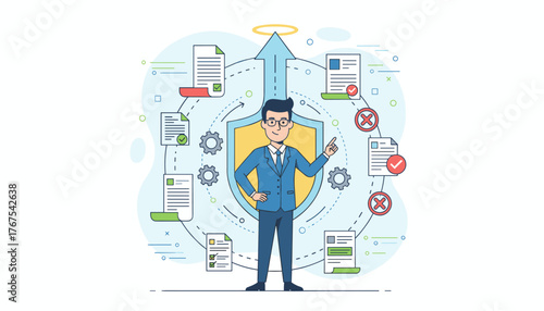 Compliance to regulations and standards concept with a businessman pointing at a shield and documents, illustrating adherence to rules, policies, and legal requirements in business operations and