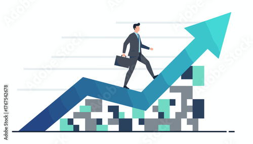 A businessman in a suit confidently strides up a vibrant blue arrow graph, symbolizing growth, progress, and upward mobility in business and finance, with abstract pixelated blocks forming the base