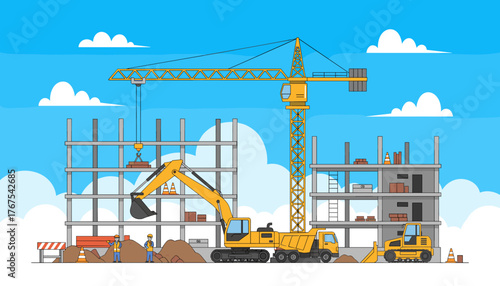 Vibrant illustration of a busy construction site featuring yellow heavy machinery like a crane, excavator, and dump truck, alongside unfinished building structures, workers, and clouds against a