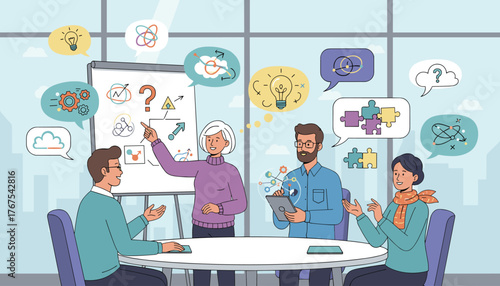 Diverse team of professionals collaborating in a modern office meeting room, brainstorming ideas with visual aids on a whiteboard and digital tablet, symbolizing teamwork, innovation, and