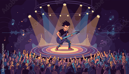 Energetic rock guitarist with spiky hair passionately playing an electric guitar on a brightly lit concert stage, surrounded by a cheering crowd with hands raised, symbolizing live music performance
