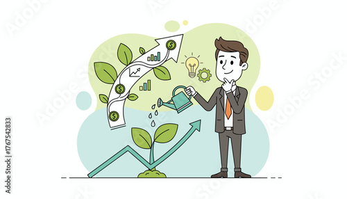 A thoughtful businessman in a suit waters a growing plant that symbolizes business growth, with upward trending arrows, dollar signs, bar charts, and a lightbulb representing ideas and revenue
