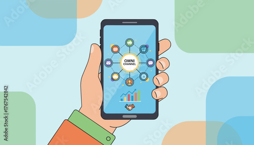 Close-up of a hand holding a smartphone, displaying a vibrant omni-channel network diagram with icons representing communication, shopping, social media, and analytics, symbolizing integrated