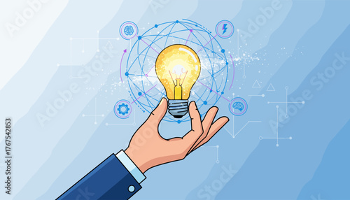 Close-up of a businessman's hand in a suit holding a glowing incandescent light bulb against a backdrop of a digital network with icons representing ideas, technology, and innovation, symbolizing