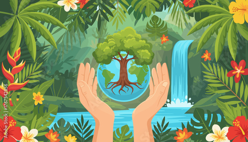 Caring hands cradle a vibrant green tree growing from a globe, symbolizing environmental protection and the beauty of nature, set against a lush tropical rainforest backdrop with a cascading